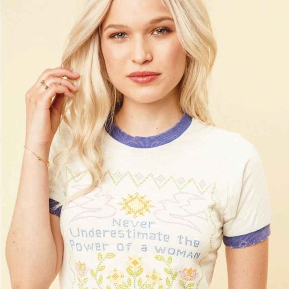 Stoned Immaculate Cream Ringer Tee with Purple Trim and Pastel Embroidery